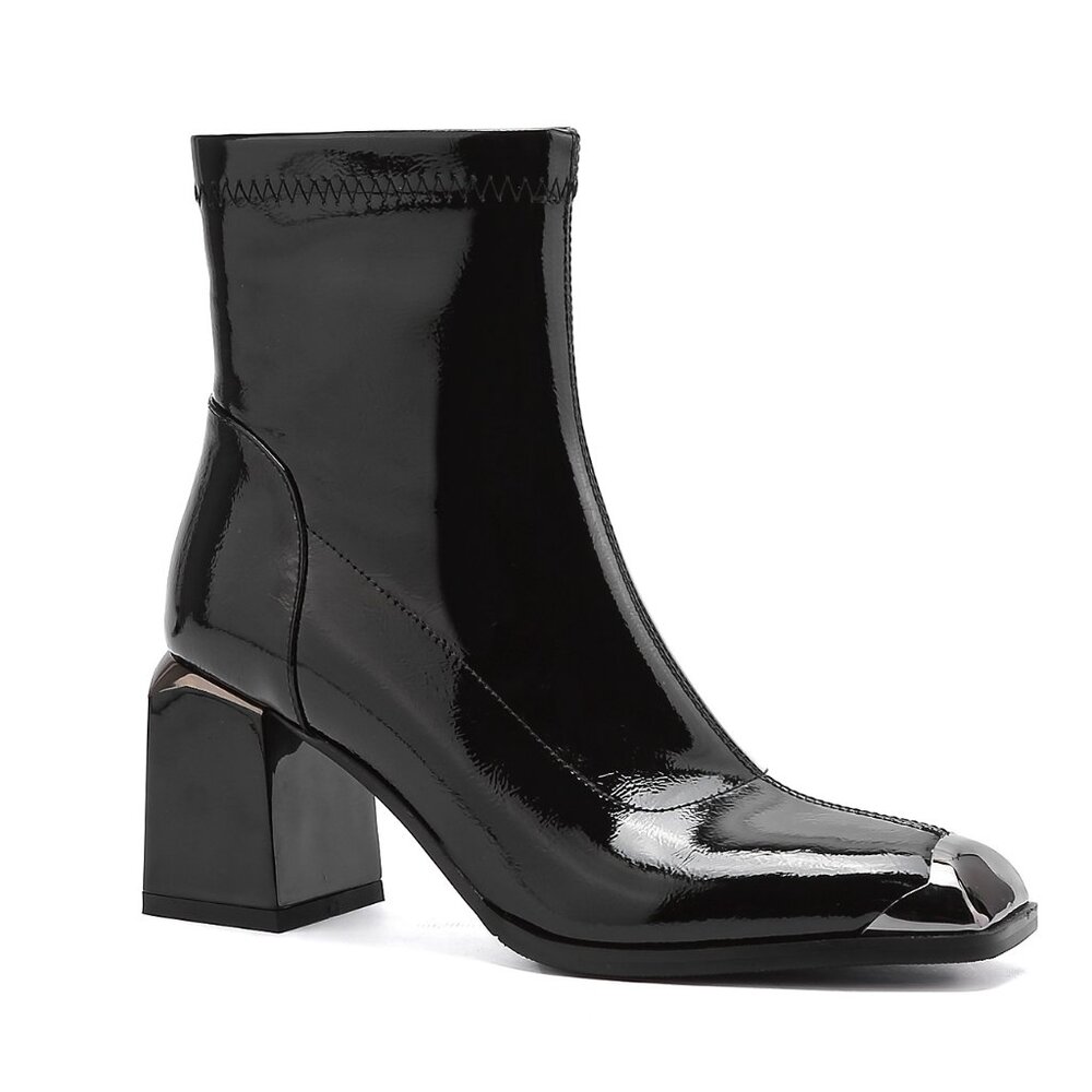Stylish Modern Womens Black Pointy Ankle Block Metal Heel Boots